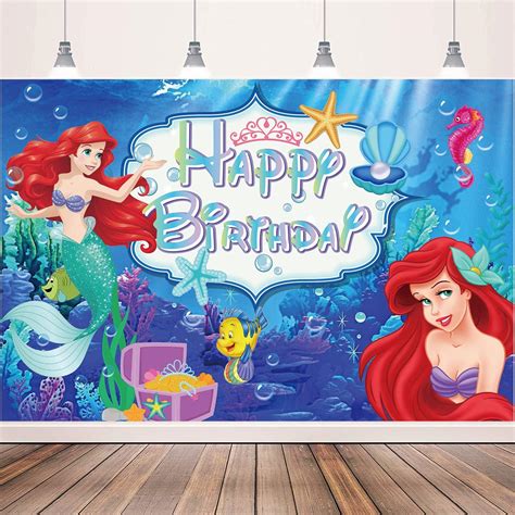 Mermaid Happy Birthday Backdrop, Under The Sea Little Mermaid Birthday Party Supplies for Girls ...