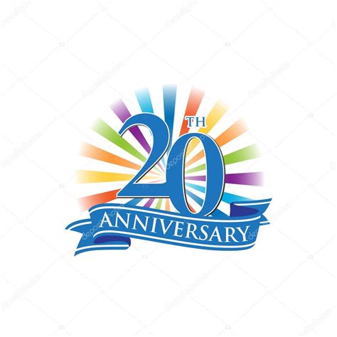 20th anniversary ribbon logo with colorful rays of light — Stock Vector © ariefpro #113099494