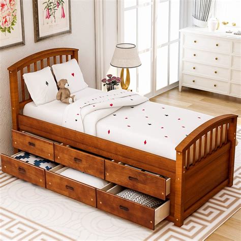 Storage Bed Frame Twin with 6 Drawers,JULYFOX Walnut Pine Wood Bed Platform with Slat Headboard ...