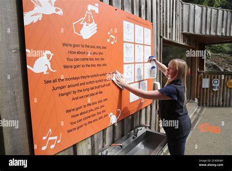 Laura Paterson cleans a sign at a hand washing station as social distance measures are shown at ...