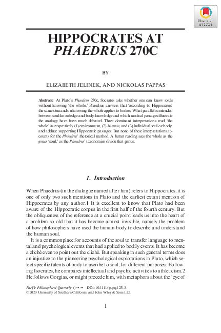 (PDF) Hippocrates At Phaedrus 270c | Elizabeth (Betsy) Jelinek and ...