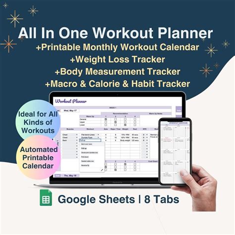 Workout Planner Spreadsheet Google Sheets Template, Printable Fitness Calendar, Gym Checklist ...