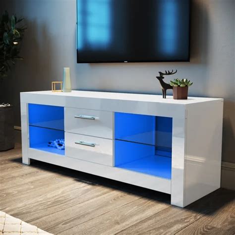 MODERN TV STAND White TV Unit Cabinet 130cm Cupboard With LED Light & Drawers $145.57 - PicClick