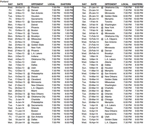 PORTLAND TRAIL BLAZERS SCHEDULE - Emanda Seres