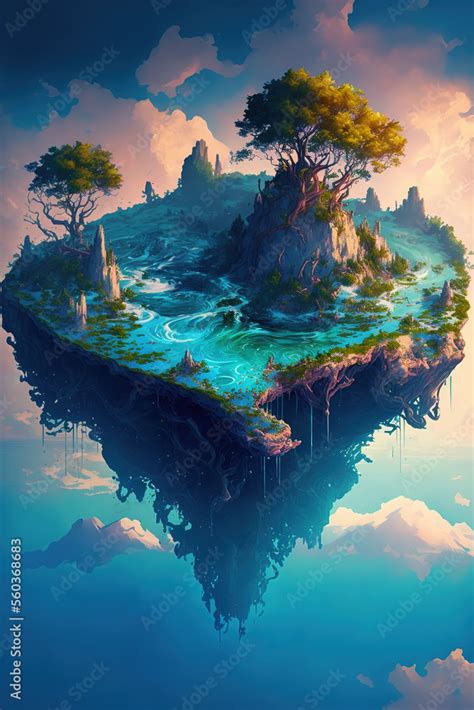 sky fantasy island, floating island with pools and trees, fairy tale, art illustration Stock ...