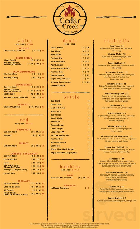 Cedar Creek Grill House menu in Rothschild, Wisconsin, USA