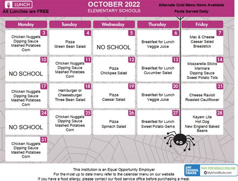 Elementary School Lunch Menu - October 2022 - Holliston Reporter