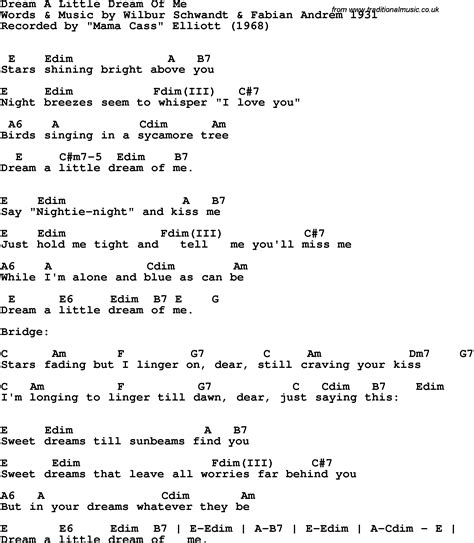 Song lyrics with guitar chords for Dream A Little Dream Of Me - Mama Cass Elliott, 1968