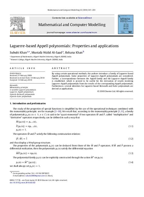 (PDF) Laguerre-based Appell polynomials: Properties and applications | Rehana Khan - Academia.edu