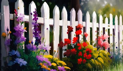 Premium AI Image | A painting of flowers and a fence with a white ...