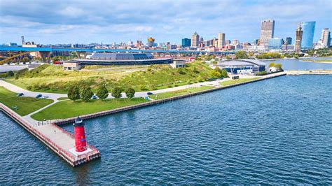 Aerial View of Milwaukee Pierhead Lighthouse and Waterfront Park Stock Image - Image of ...