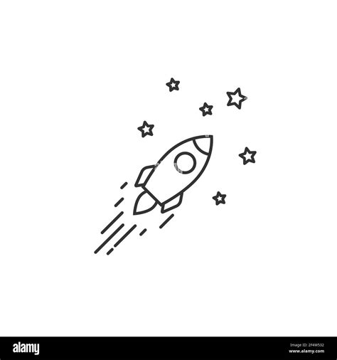 Outline rocket ship with stars. Isolated on white. Flat line icon ...