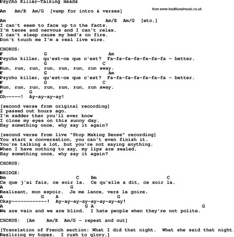 Protest song: Psycho Killer-Talking Heads lyrics and chords"