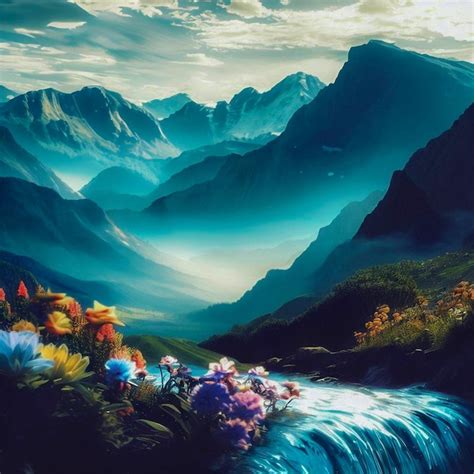 Premium AI Image | A painting of a mountain with flowers in the foreground