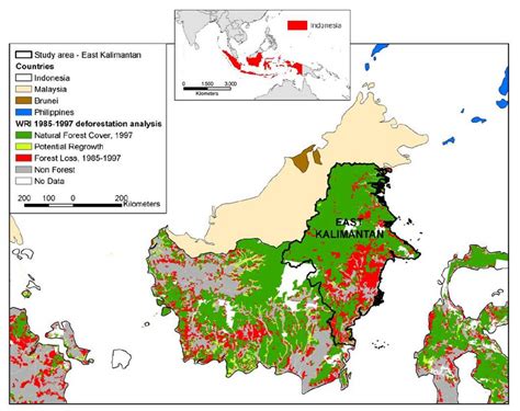 Map of forest lost in the Indonesian part of island Borneo from 1985 to ...