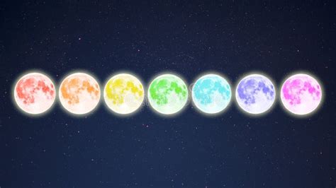 Row Of Rainbow Colored Full Moons On Starry Sky Background Stock Image ...