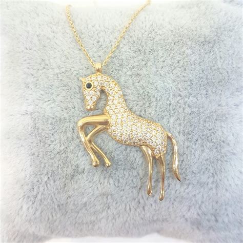 14K Real Solid Gold Horse Pendant Necklace Decorated with Zirconia Stones For Women | Latika Jewelry