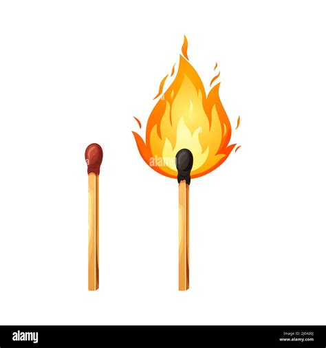 Burnt match stick with fire. Whole, ignite wooden matchstick. Cartoon ...