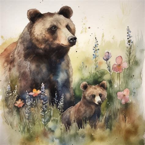 Premium Photo | A watercolor painting of a bear and her cub