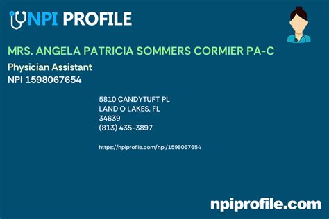 MRS. ANGELA PATRICIA SOMMERS CORMIER PA-C, NPI 1598067654 - Physician Assistant in Land O Lakes, FL