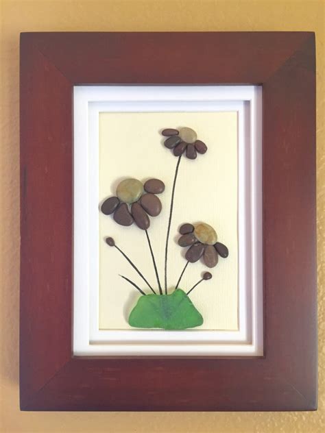 Pebble Art, Sea Glass Art, Beach Home Decor, Wall Art Decor, Flowers, Wall Hanging, Framed Art ...