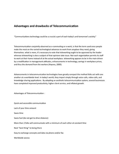 Advantages and drawbacks of Telecommunication - Advantages and drawbacks of Telecommunication ...