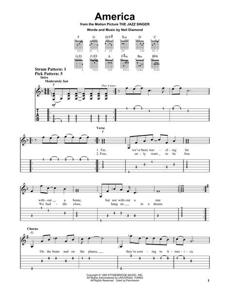 America by Neil Diamond Sheet Music for Easy Guitar Tab at Sheet Music Direct