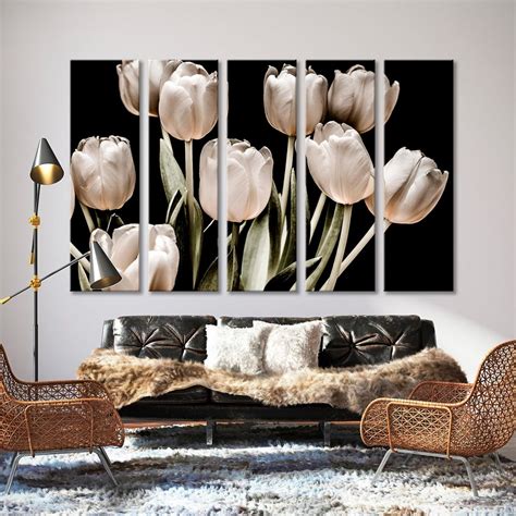 Black Background White Tulips Canvas Art, White Tulips Wallart, 5 Panels Canvas Art, Tulips ...