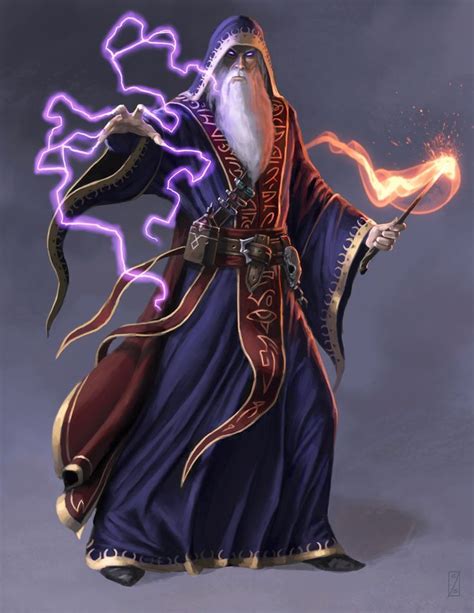 an image of a wizard holding a magic wand and wearing purple robes with flames in his hands