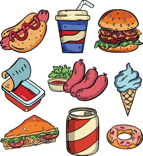 Icon set of fast food. Meal catering, unhealthy eating, junk food. Food concept. For topics like ...