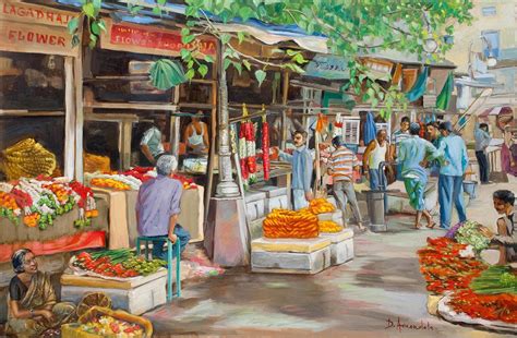 India Flower Market Street, oil painting, figures painting ...