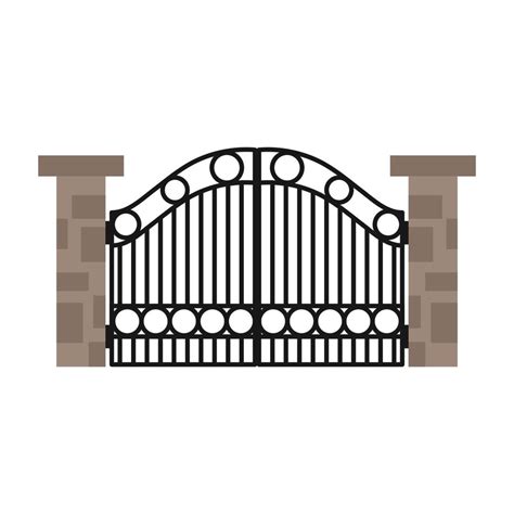 Gate with iron fence door and metal cartoon manor decoration. Front entrance from ironwork grid ...