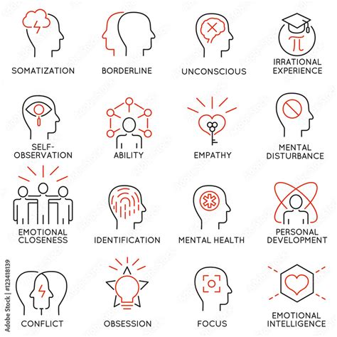 Vector set of 16 modern thin line icons related to mental features of human brain process ...