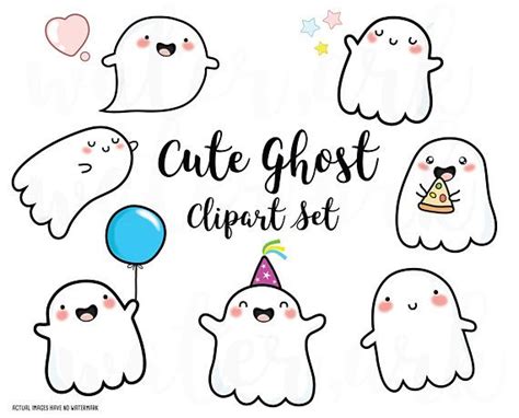 Vector Clipart Kawaii Ghosts, Kawaii Halloween Cute Ghosts Clipart Set High Quality Vectors ...