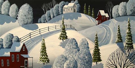 Country Winter Night - folk art landscape Painting by Debbie Criswell