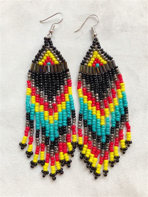 Native American Beaded Earrings - Glass Beads - Handmade - Black - Surgical Steal Hook - Native ...