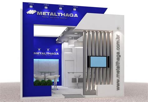 a blue and white trade show booth for metal - haga