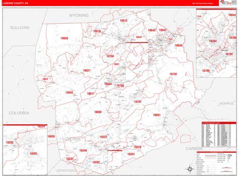 Luzerne County, PA Zip Code Wall Map Red Line Style by MarketMAPS - MapSales