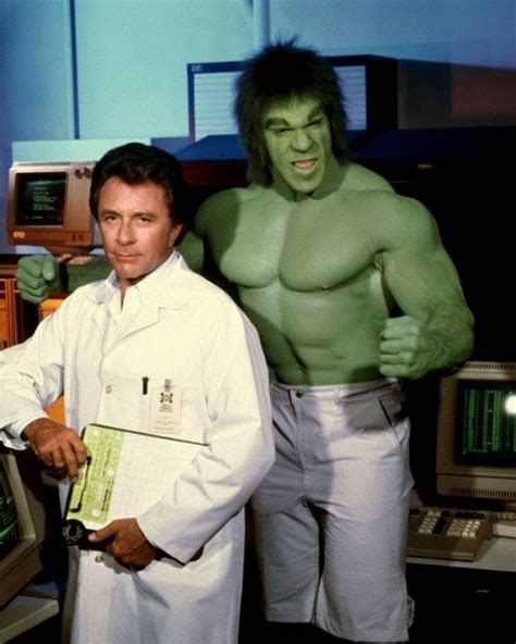 Bill Bixby as 'Dr. David Bruce Banner' with Lou Ferrigno as 'Hulk' on the set of TV series fave ...