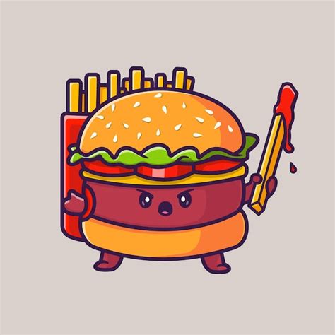 Free Vector | Cute burger holding french fries cartoon vector icon illustration. food object ...