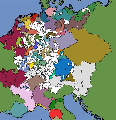 The map of HRE at 1444, with EU4 nations colored in : eu4