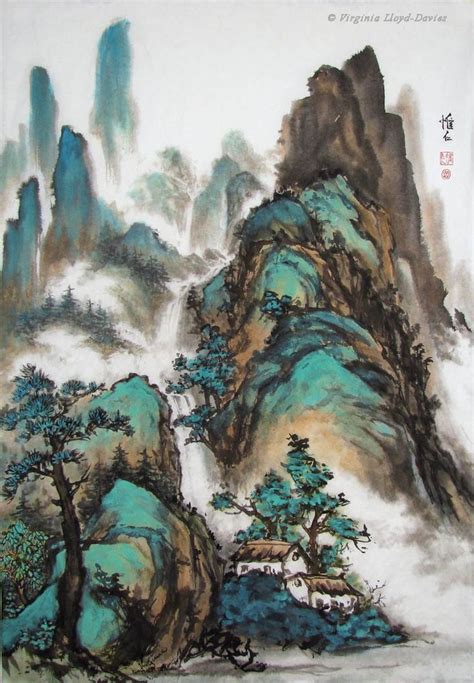 Chinese brush painting of mountains and houses | Paysage chinois, Idées ...