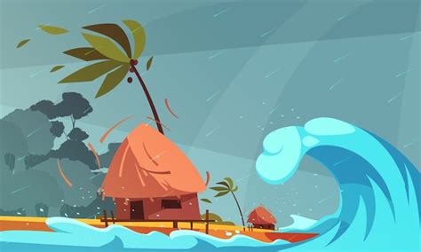 Free Vector | Tsunami on ocean front with bungalow and tropical coast