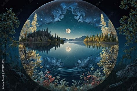 The harvest moon shines over a shimmering lake surrounded by a lush landscape of birch trees ...