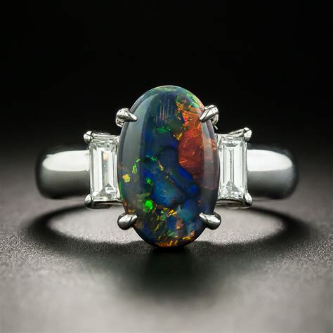 Estate Black Opal Platinum Diamond Ring - Opal Rings - Vintage Jewelry