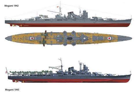 IJN Heavy Cruiser Mogami Types: Non-carrier (top) & Carrier (bottom) 1942. 大日本帝国海軍航空重巡洋艦-最上 ...