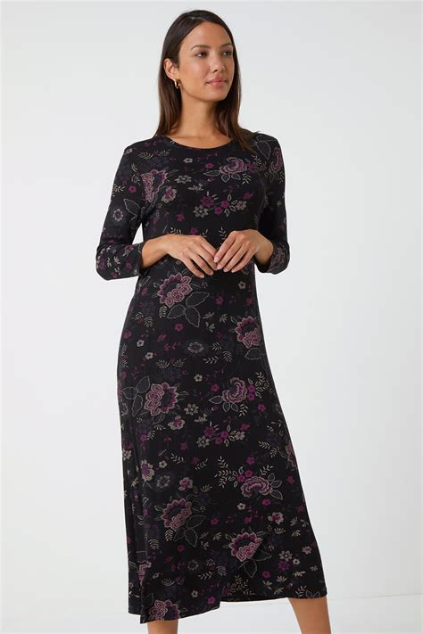 Black Paisley Print Midi Stretch Dress | Roman UK