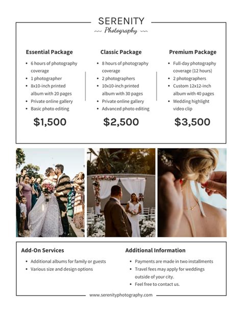 White Wedding Photography Packages Price List Template - Venngage