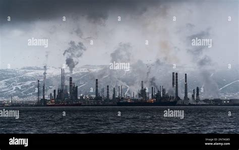 Environmental pollution. Toxic chemical gases releasing to atmosphere from oil refinery plant ...