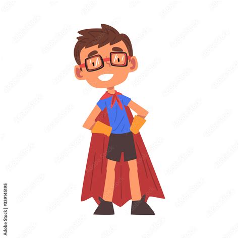 Happy Boy in Superhero Costume, Cute Kid Playing Dress Up Game Cartoon Vector Illustration Stock ...